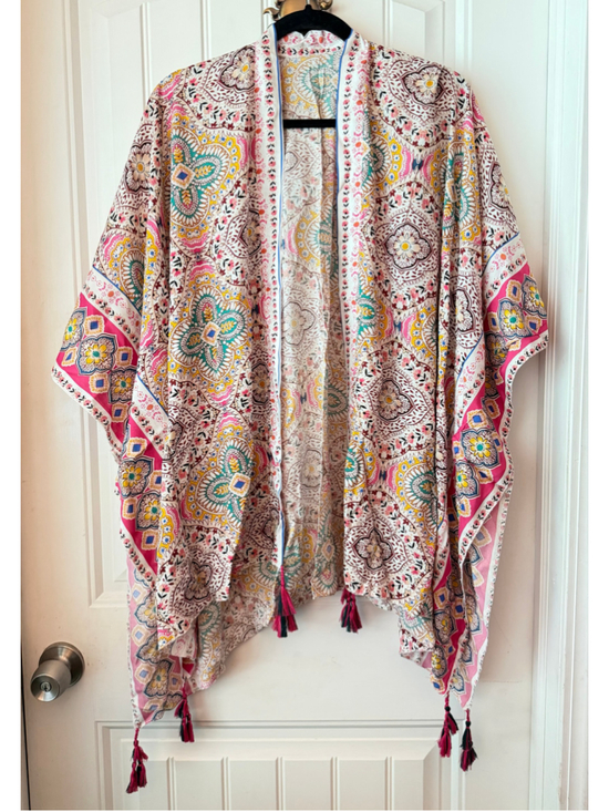 Unbranded Other - 🇺🇸 Women's Unbranded Paisley Tassel Kimono Coverup One Size White Pink